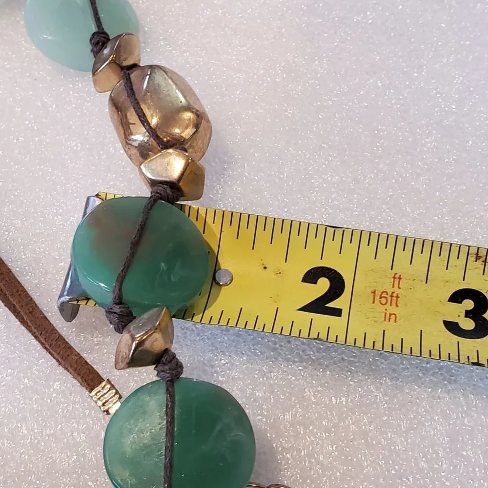 Faux Jade Jadeite‎ Wood Gold Beaded Necklace 24-26